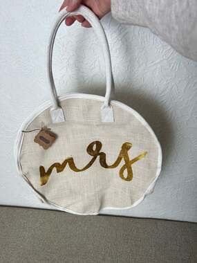 Mud Pie Round "Mrs" Jute Tote Bag